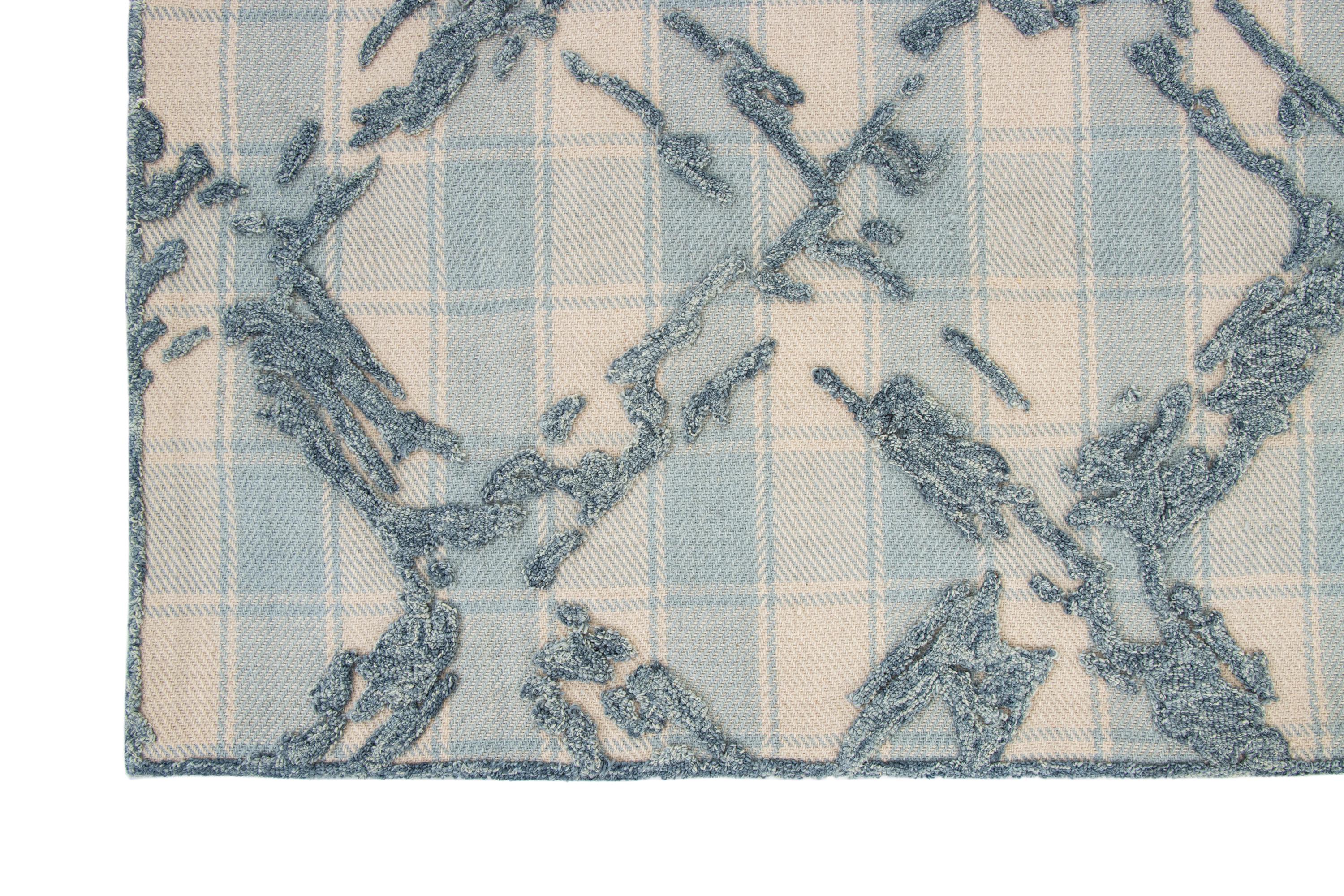 Coastal Gingham Hand-Tufted Rug | Blue & Cream High Low Textured Plaid Area Rug
