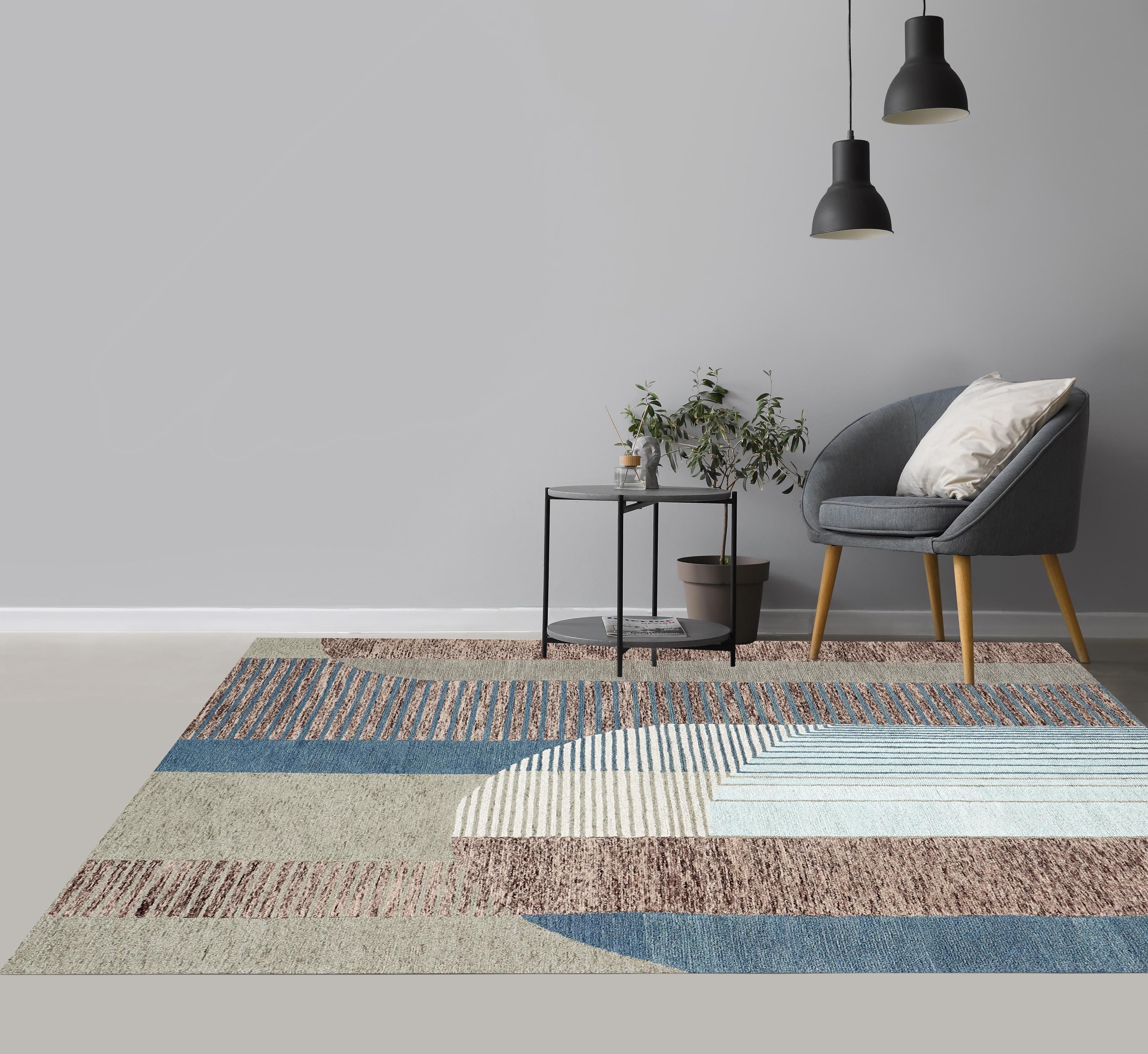 Abstract Geometric Hand-Tufted Wool Rug – Earthy Blue & Terracotta