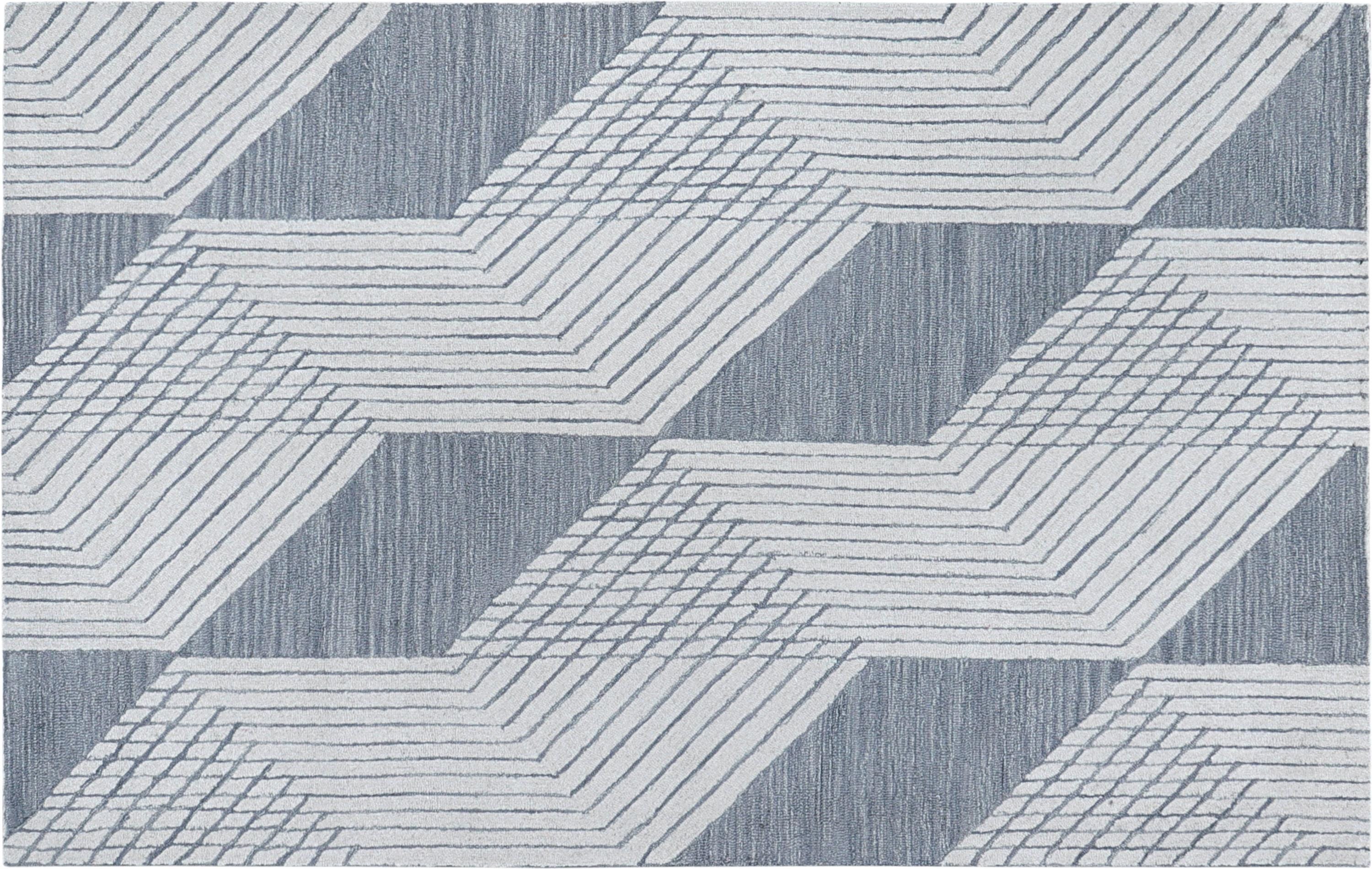 Modern Geometric Hand-Tufted Area Rug – Blue & Ivory Wool Blend Rug for Living Room