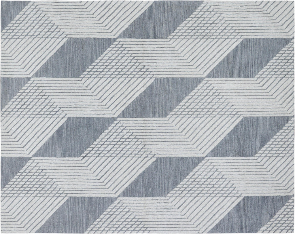 Modern Geometric Hand-Tufted Area Rug – Blue & Ivory Wool Blend Rug for Living Room