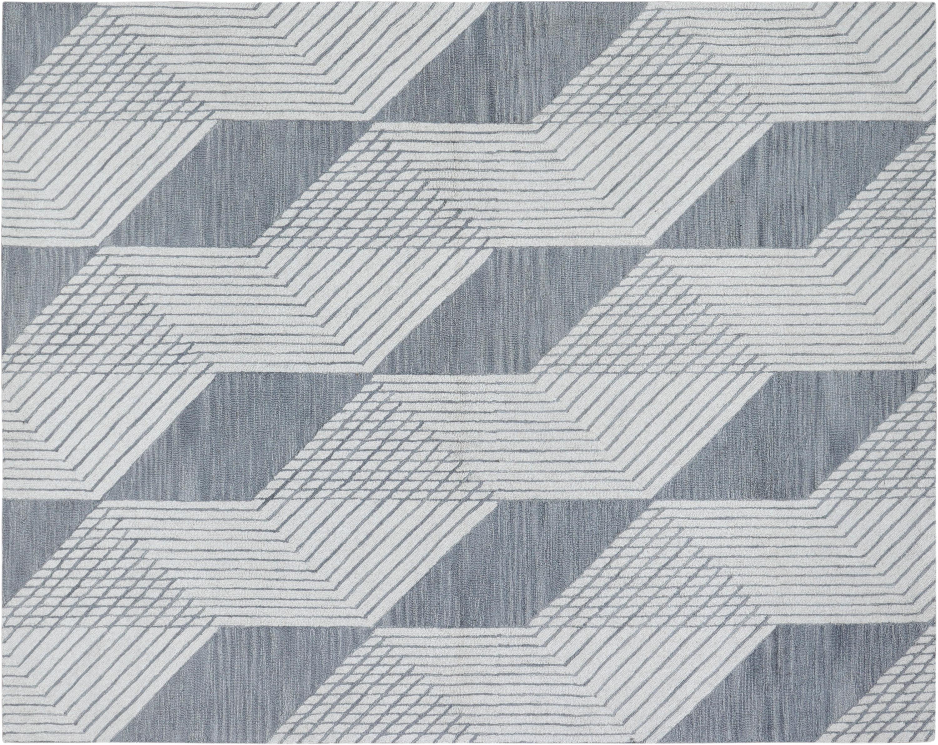 Modern Geometric Hand-Tufted Area Rug – Blue & Ivory Wool Blend Rug for Living Room