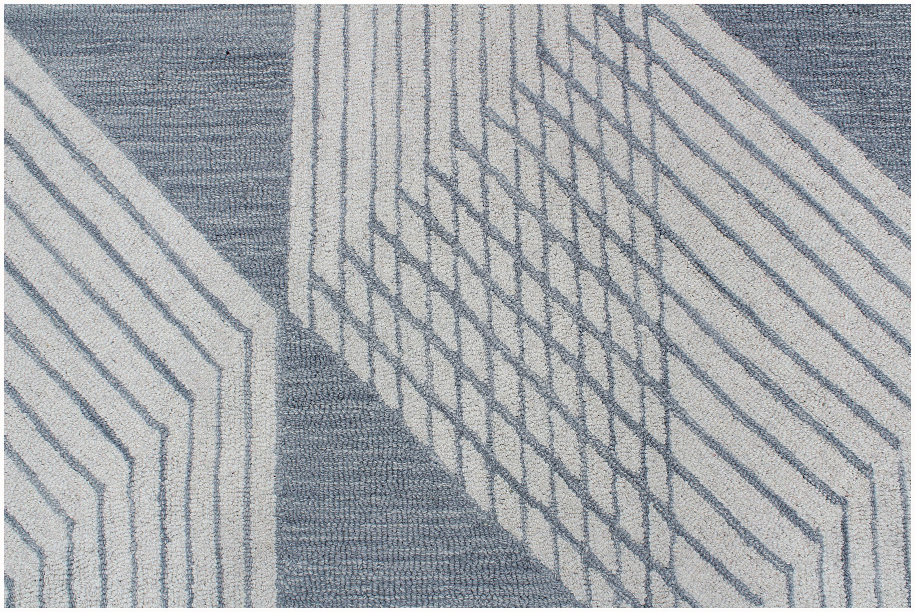 Modern Geometric Hand-Tufted Area Rug – Blue & Ivory Wool Blend Rug for Living Room