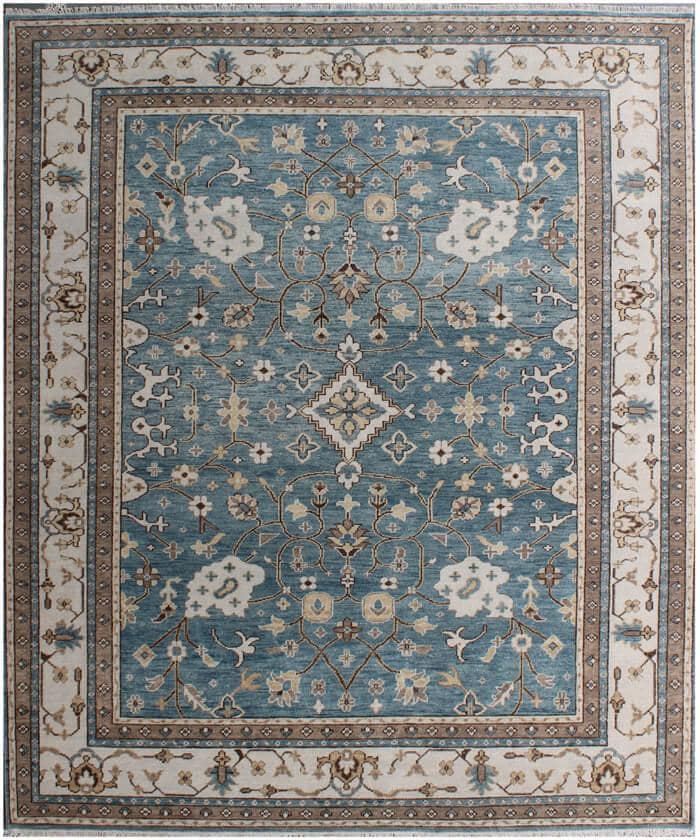 Hand-Knotted Blue & Ivory Persian Oushak Wool Rug