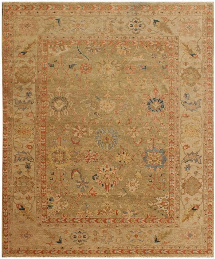 Hand Knotted Wool Area Rug, Green Beige Persian Style