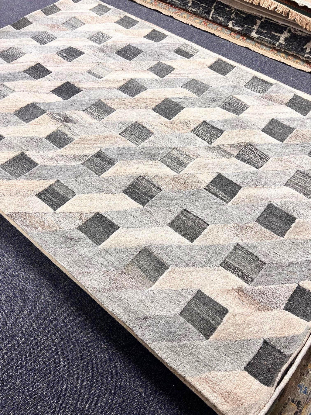 Handmade 5x8 Modern Geometric Rug, Ivory Beige Gray, Hand-Tufted