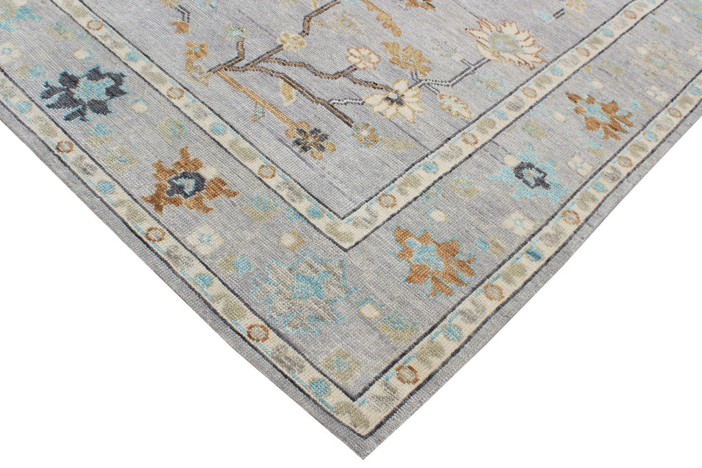 Hand Knotted Wool Rug - Muted Oushak Area Rug, Silver & Sage Green Floral Carpet, Traditional Turkish Style Rug for Living Room, Bedroom