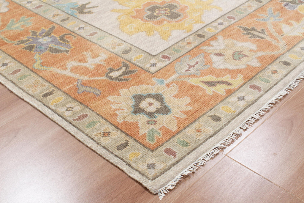 8X10 ft Elegant Salmon & Apricot Hand-Knotted Oushak Wool Rug, available in 9x12 and 10x14 ft