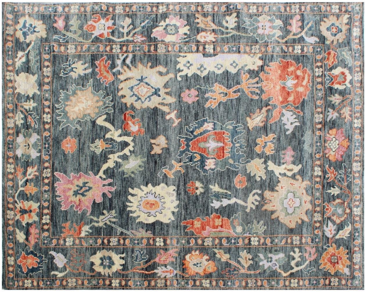8x11 ft Charcoal Hand-Knotted Oushak Wool Rug | Custom Sizes