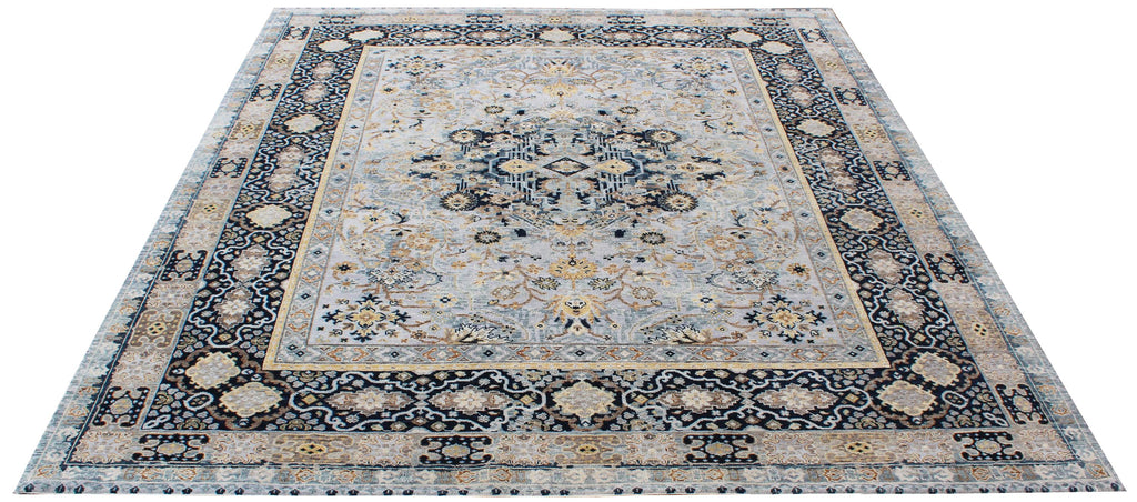 Timeless Elegance: Hand-Knotted Wool Medallion Rug in Celestial Blue & Gold