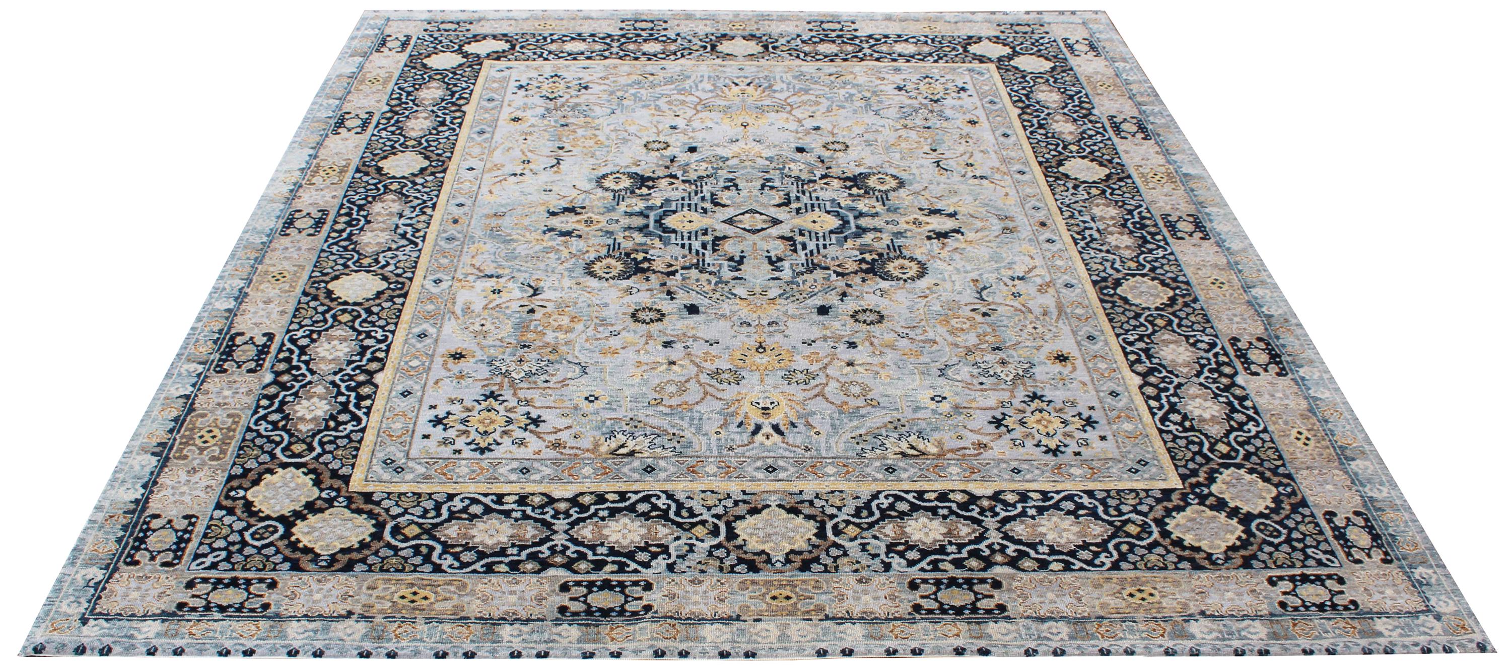 Timeless Elegance: Hand-Knotted Wool Medallion Rug in Celestial Blue & Gold