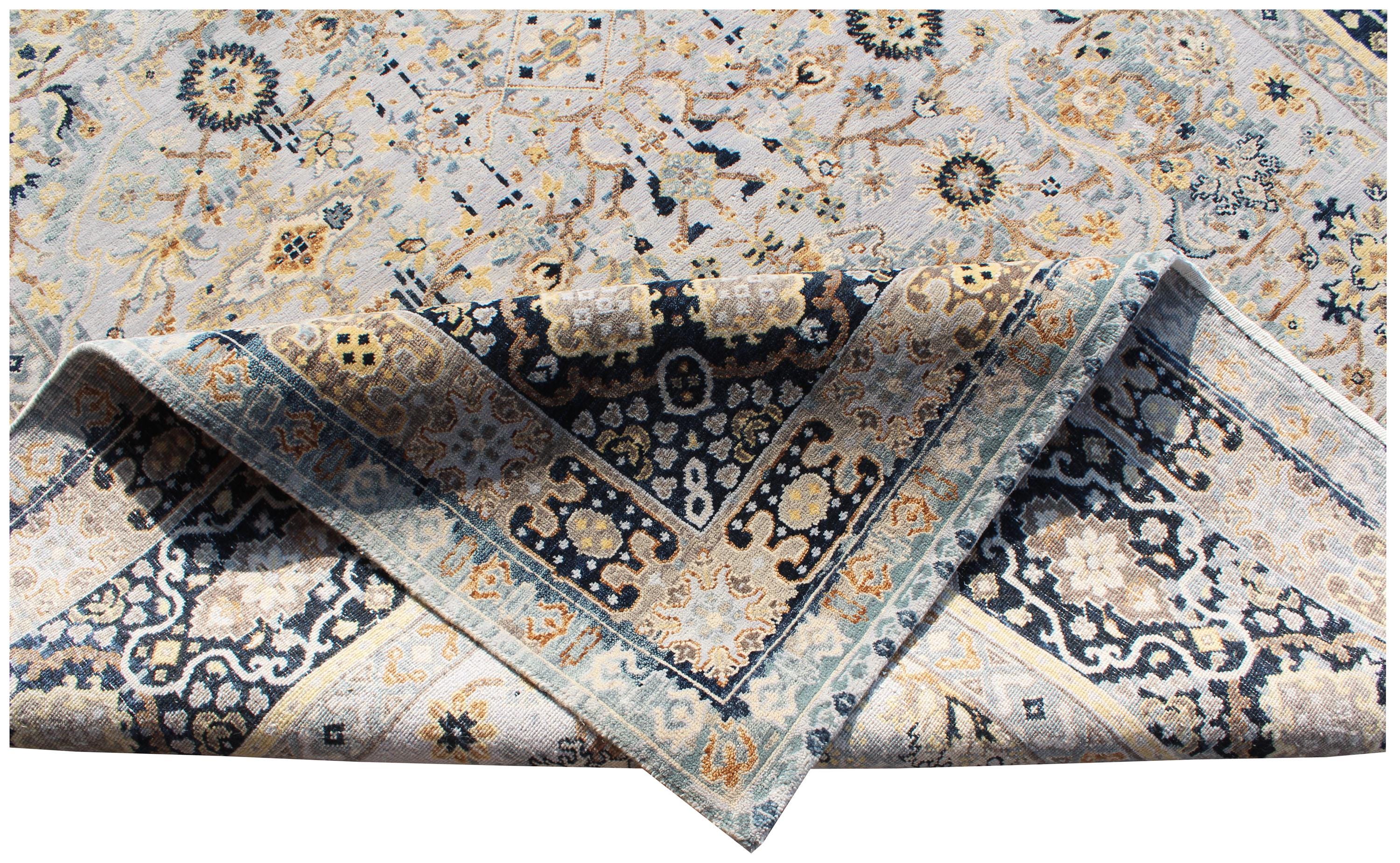 10x14 Oversized Hand Knotted Wool Rug - Ivory and Navy Blue Traditional Persian Style Area Rug