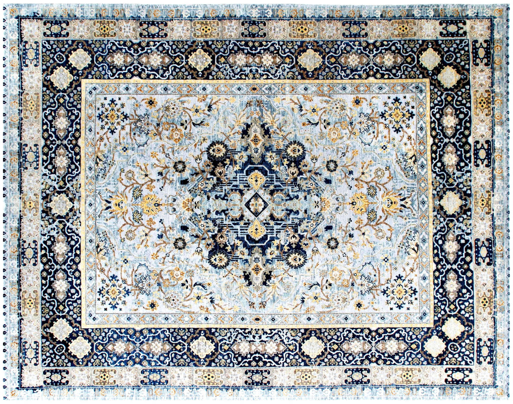 Timeless Elegance: Hand-Knotted Wool Medallion Rug in Celestial Blue & Gold