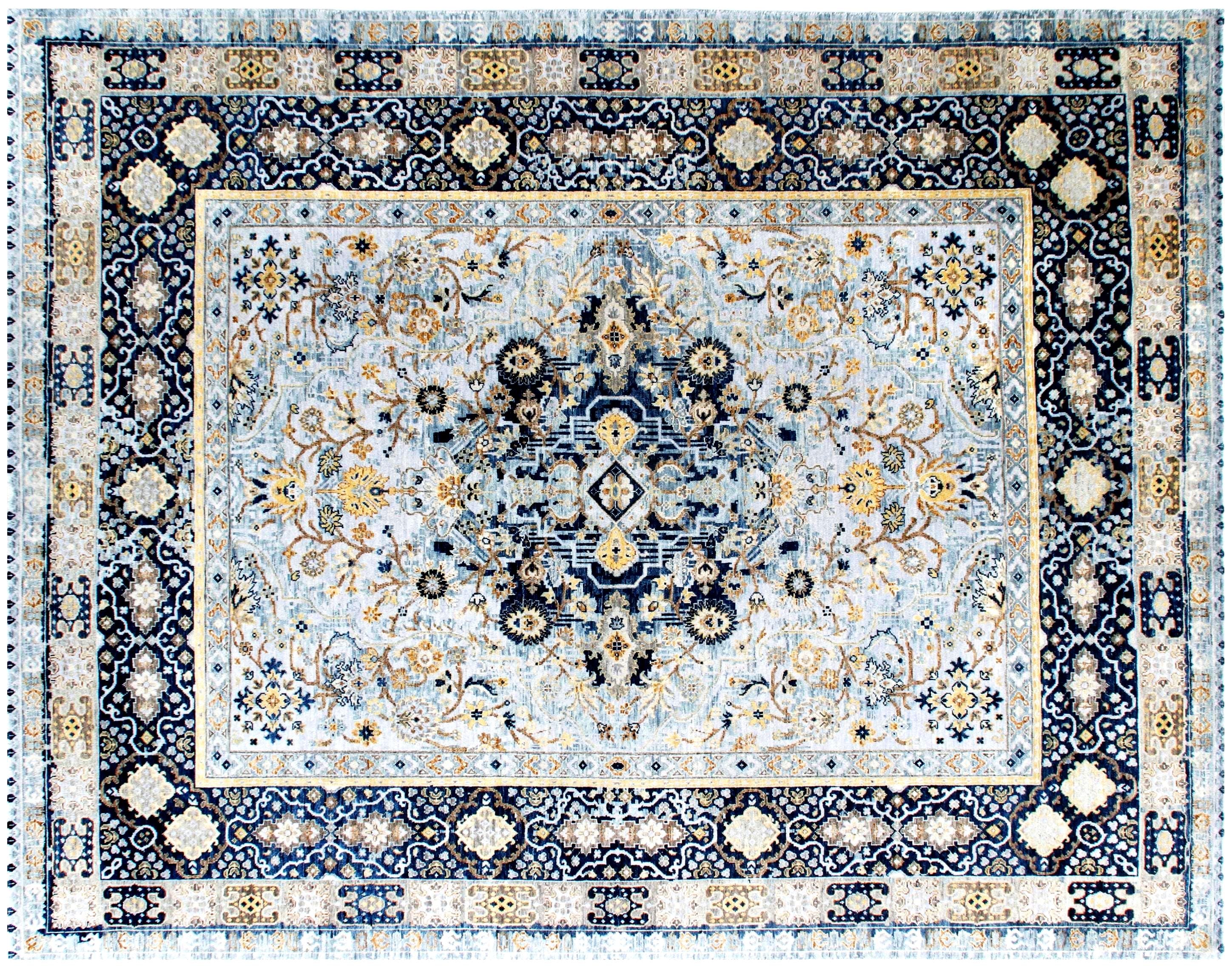 Timeless Elegance: Hand-Knotted Wool Medallion Rug in Celestial Blue & Gold