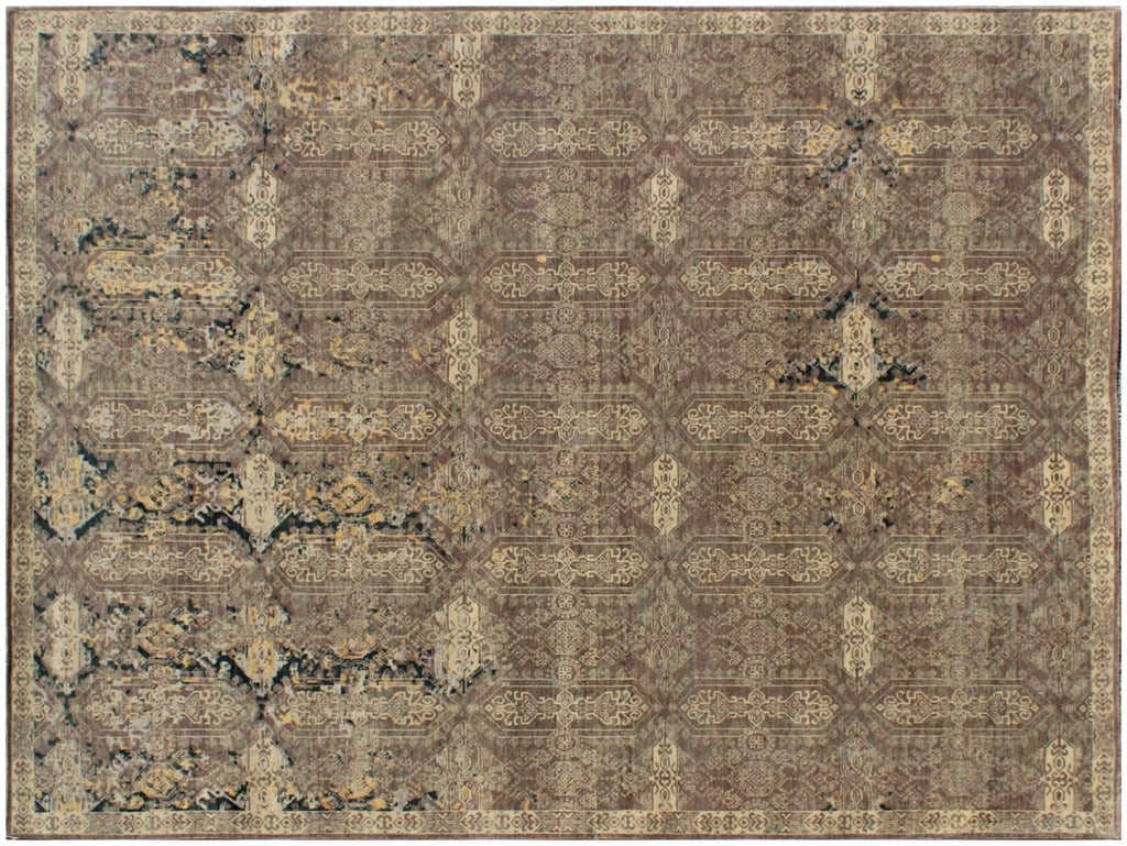 Brown Hand Knotted area Rug 9X12 handmade Persian transitional rug for living room, bedroom and dining room study room