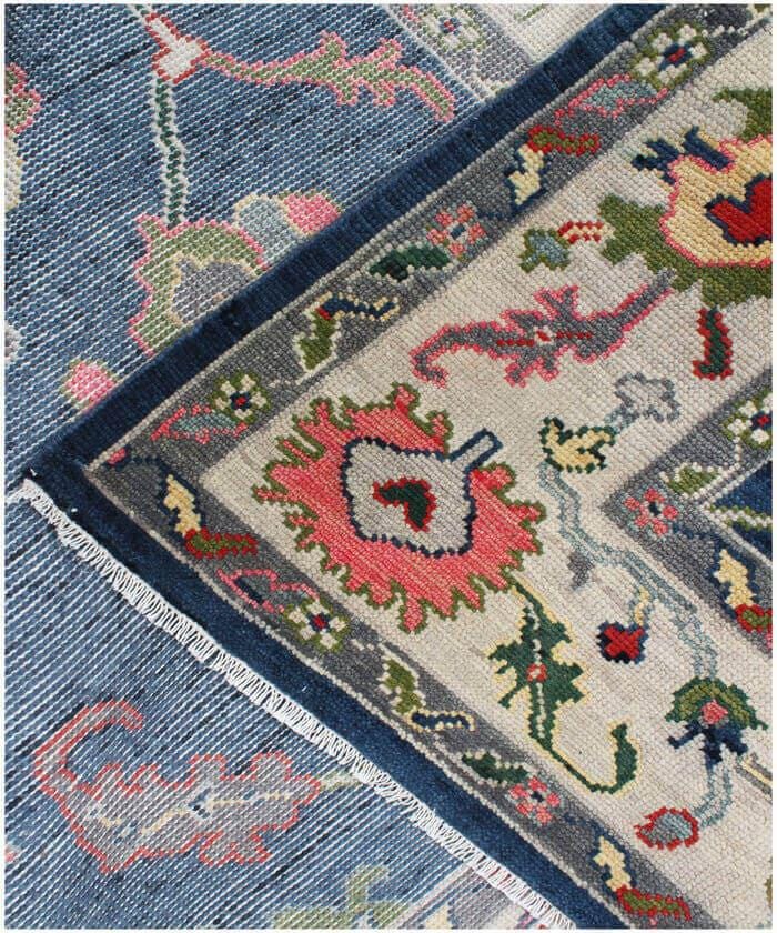 Hand-Knotted Indigo Blue Oushak Wool Rug - Modern Floral Turkish Design