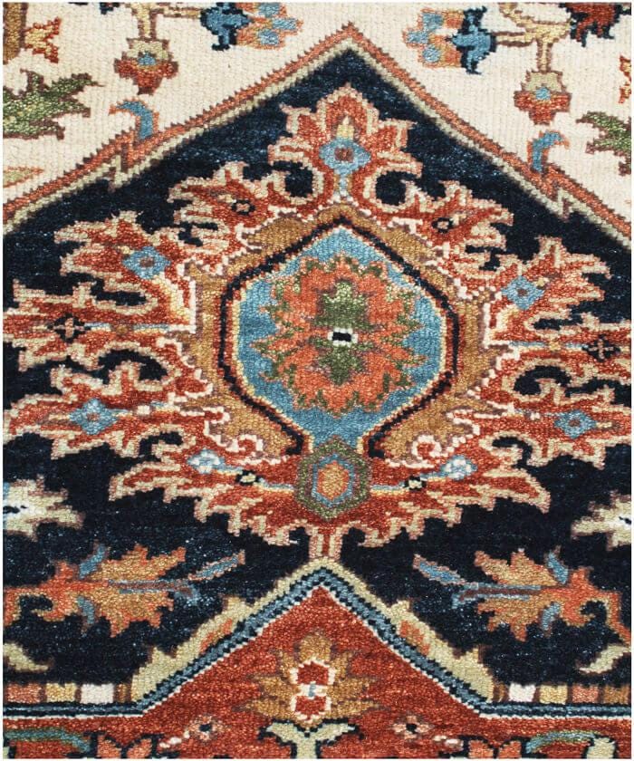 Antique Inspired Heriz Serapi Wool Rug - Hand Knotted Terracotta & Navy Area Rug