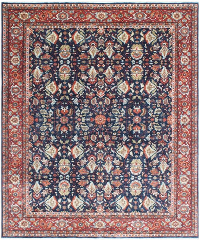 8x10 Hand Knotted Wool Rug - Navy Blue & Rust Traditional Oriental Area Rug