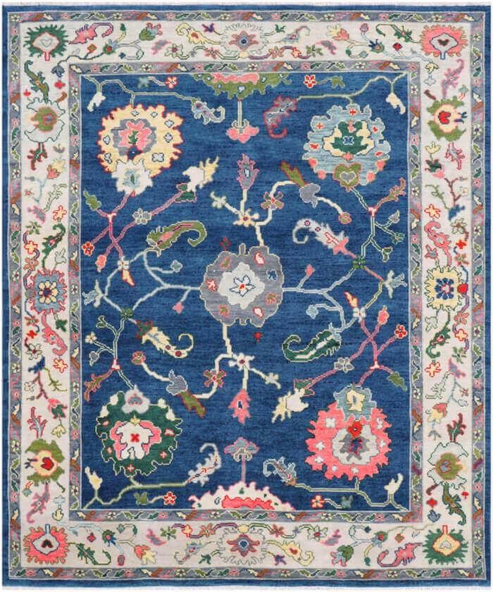 Hand-Knotted Indigo Blue Oushak Wool Rug - Modern Floral Turkish Design
