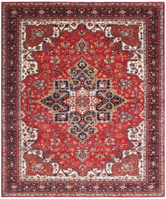 8x10 Persian Heriz Serapi Rug, Red & Cream Hand-Knotted Wool Area Rug, Vintage Medallion Carpet for Living Room, Authentic Oriental Rug