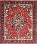8x10 Persian Heriz Serapi Rug, Red & Cream Hand-Knotted Wool Area Rug, Vintage Medallion Carpet for Living Room, Authentic Oriental Rug