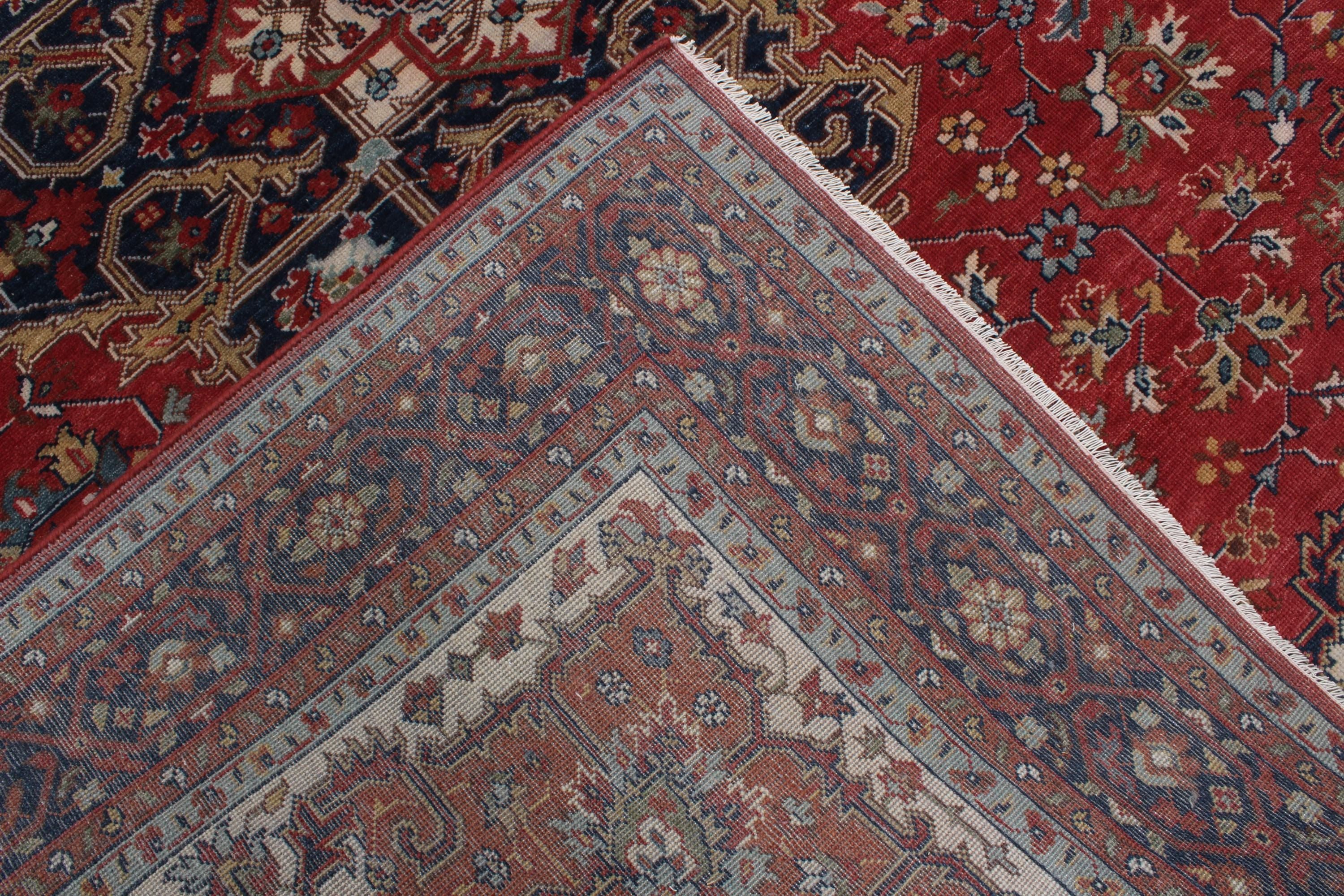 8x10 Persian Heriz Serapi Rug, Red & Cream Hand-Knotted Wool Area Rug, Vintage Medallion Carpet for Living Room, Authentic Oriental Rug