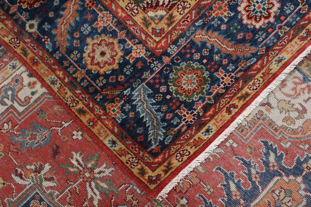 8x10 Hand Knotted Heriz/Serapi Wool Rug, 9x12 Red & Navy Traditional Persian Heriz Area Rug, Oriental Carpet for Living Room, Vintage  Rug
