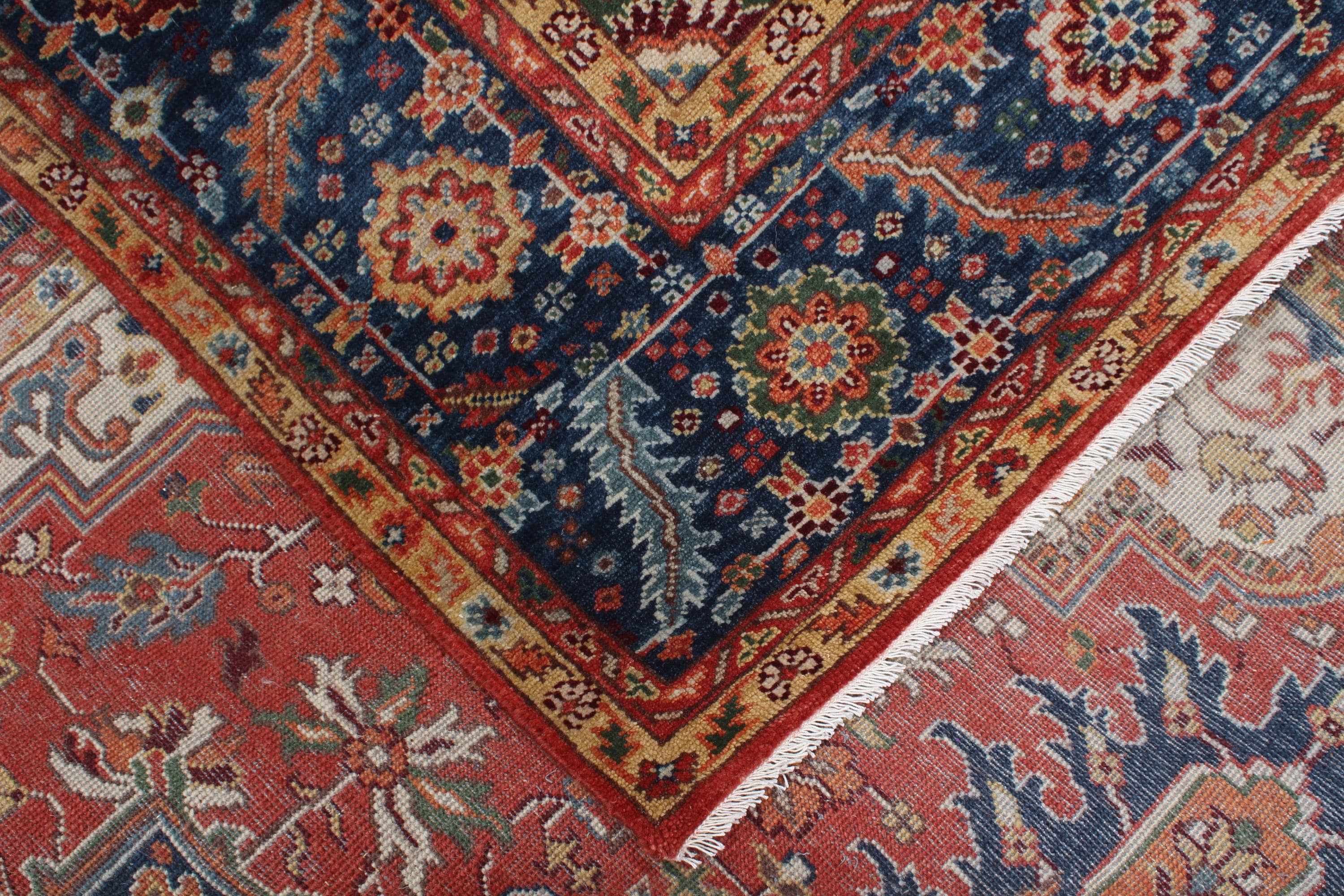 8x10 Hand Knotted Heriz/Serapi Wool Rug, 9x12 Red & Navy Traditional Persian Heriz Area Rug, Oriental Carpet for Living Room, Vintage  Rug
