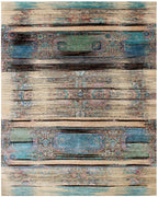 5x8 Hand Knotted Wool Rug - Abstract Distressed Modern Area Rug - Teal, Blue & Cream Turkish Style Carpet - Coastal Farmhouse Decor