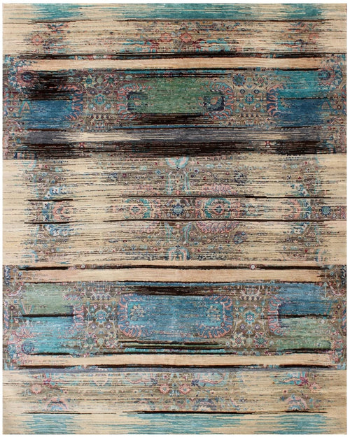 5x8 Hand Knotted Wool Rug - Abstract Distressed Modern Area Rug - Teal, Blue & Cream Turkish Style Carpet - Coastal Farmhouse Decor