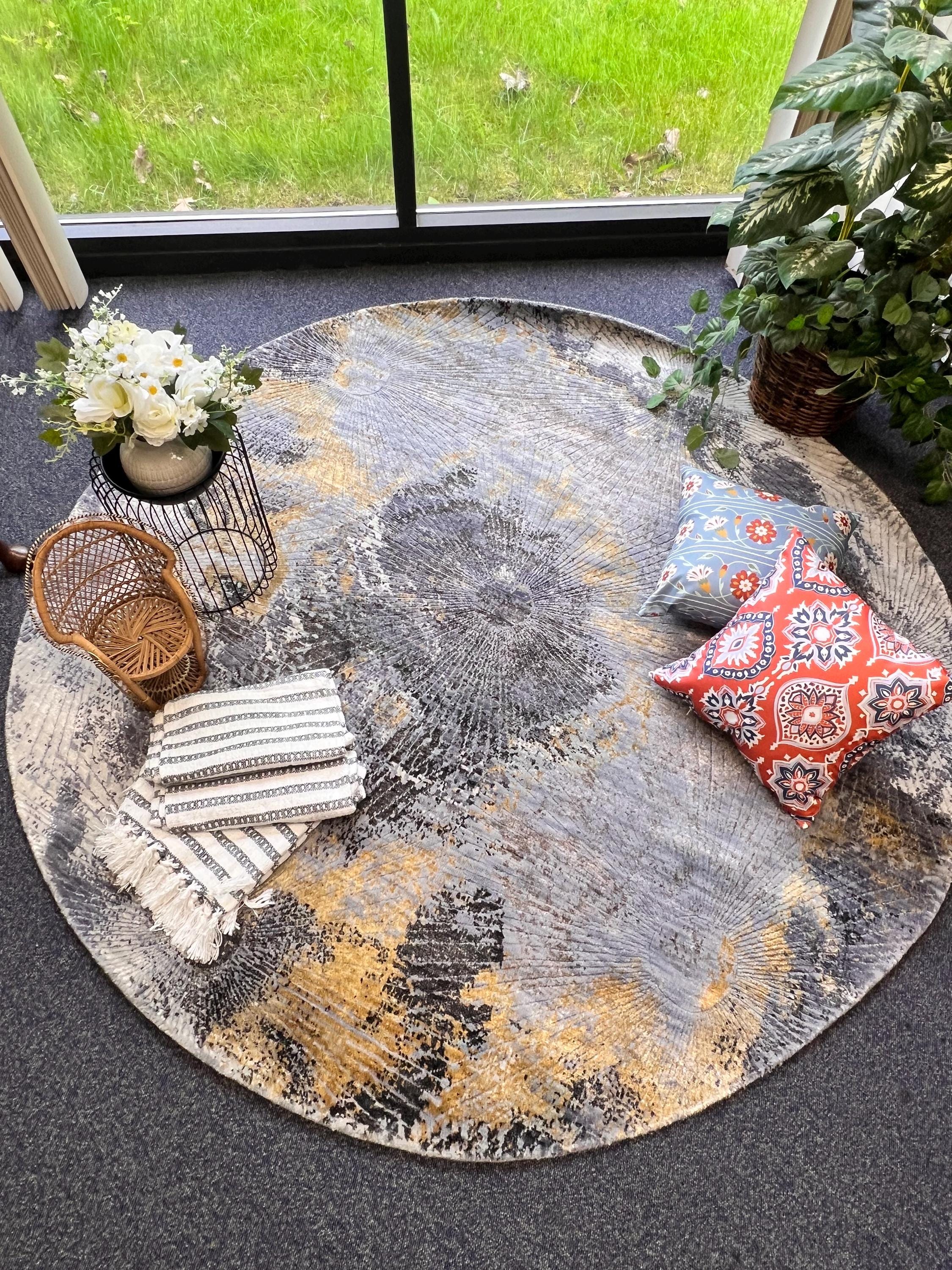 Round handmade wool bamboo silkgray golden black geometric starburst pattern hand knotted 6x6 8x8,9x9 modern rug for living room dining area