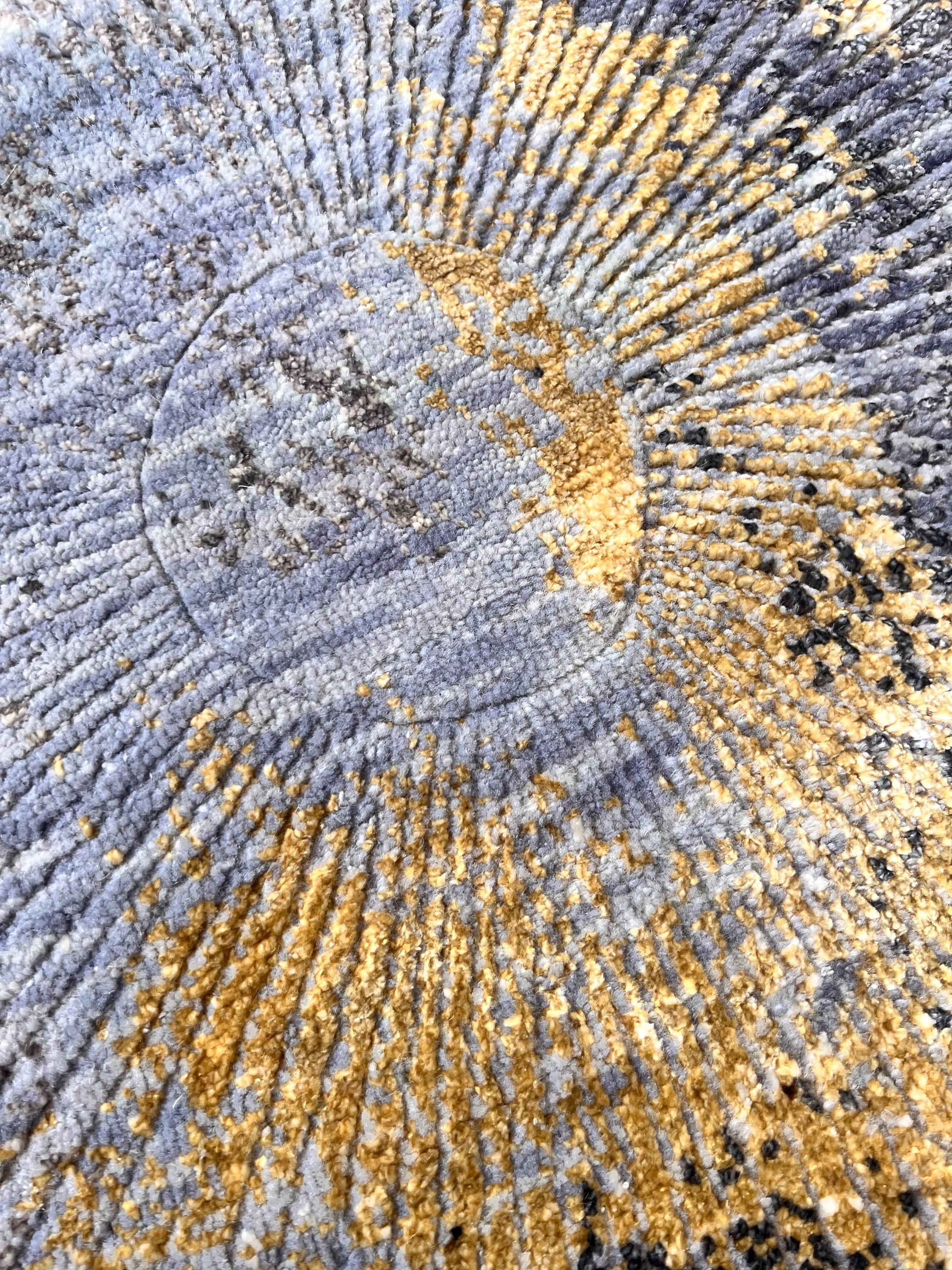 Round handmade wool bamboo silkgray golden black geometric starburst pattern hand knotted 6x6 8x8,9x9 modern rug for living room dining area