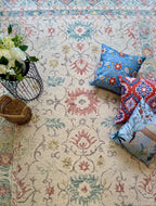 Hand Tufted Ivory Blue Wool Rug, Floral Looped Pile, Minimalist Design