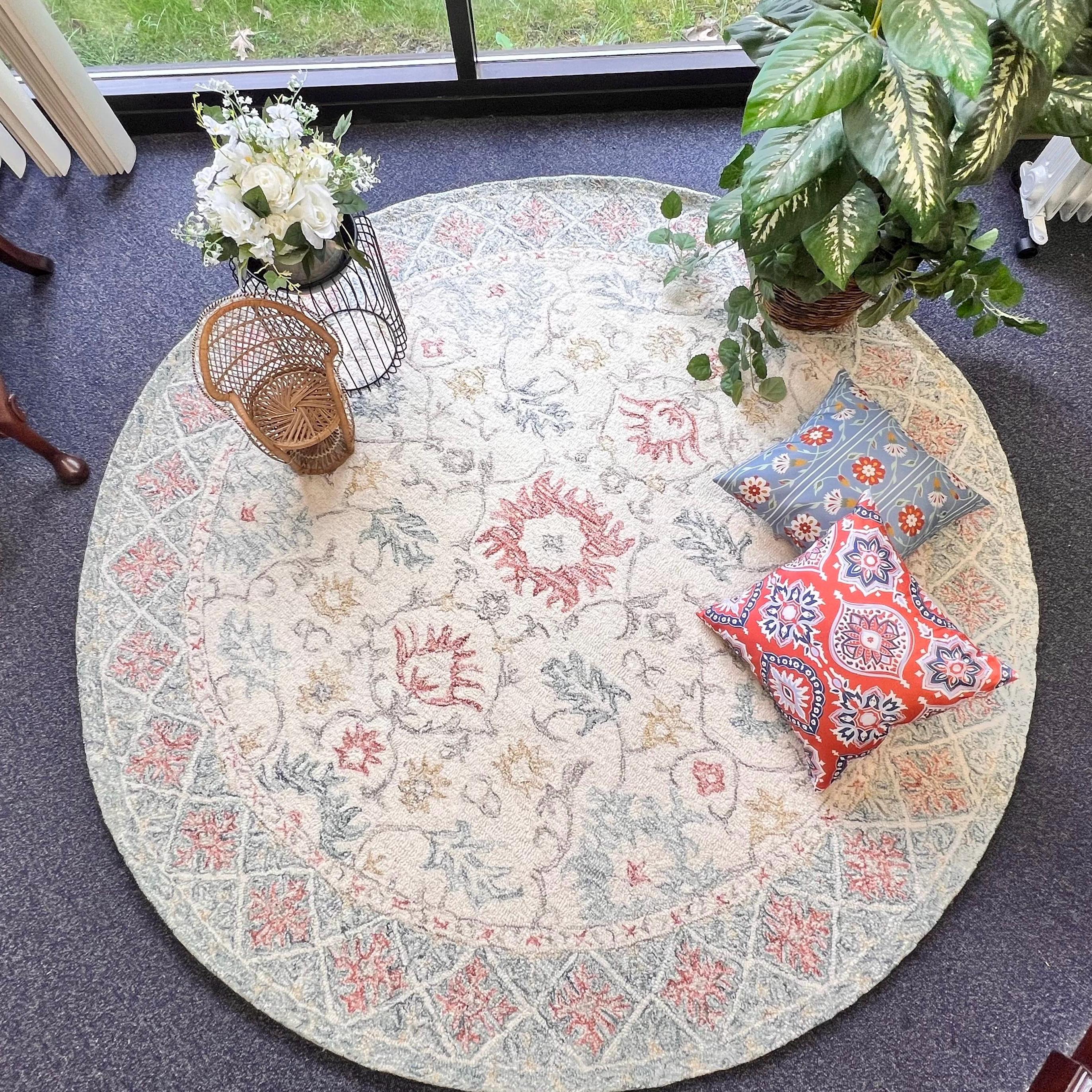 Handmade 6x6 round floral pattern multicolor modern transitional hand tufted rug for living room, bedroom and dining area, study room
