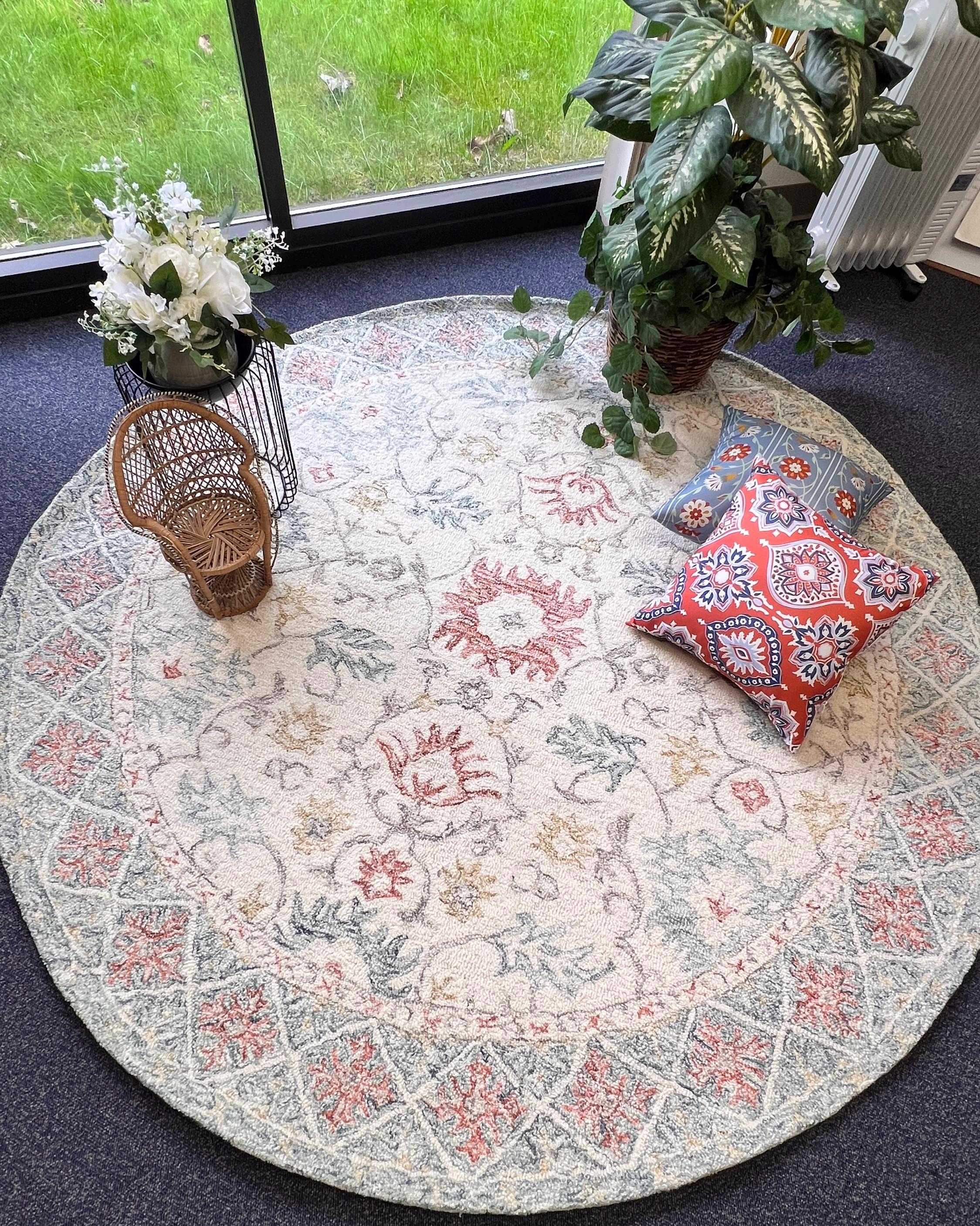 Handmade 6x6 round floral pattern multicolor modern transitional hand tufted rug for living room, bedroom and dining area, study room