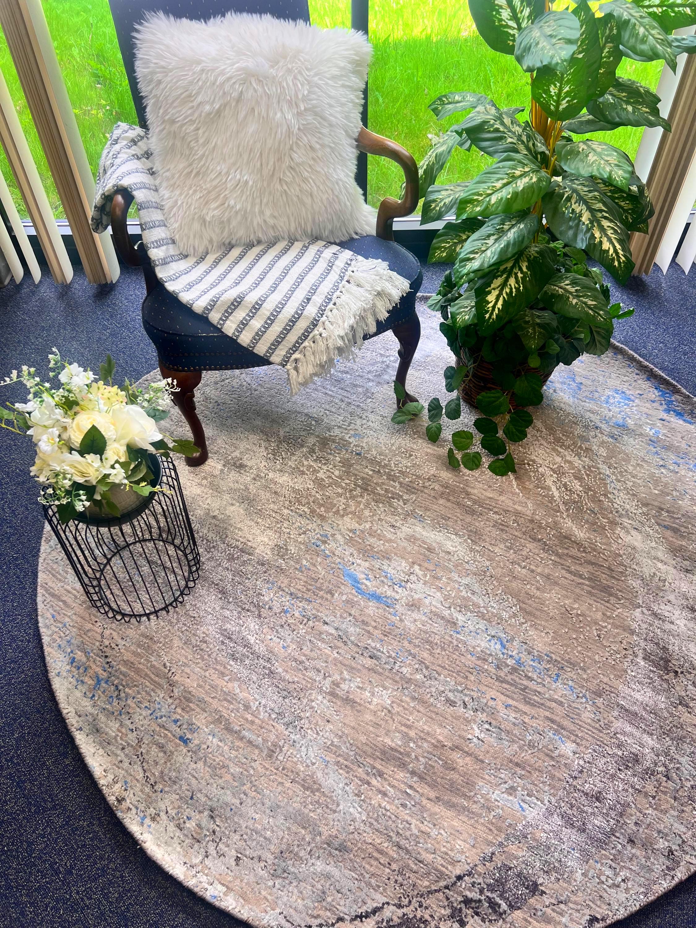 No tariff Round handmade wool bamboo silk gray beige blue hand knotted 6x6 modern rug for living room dining areaEntryway