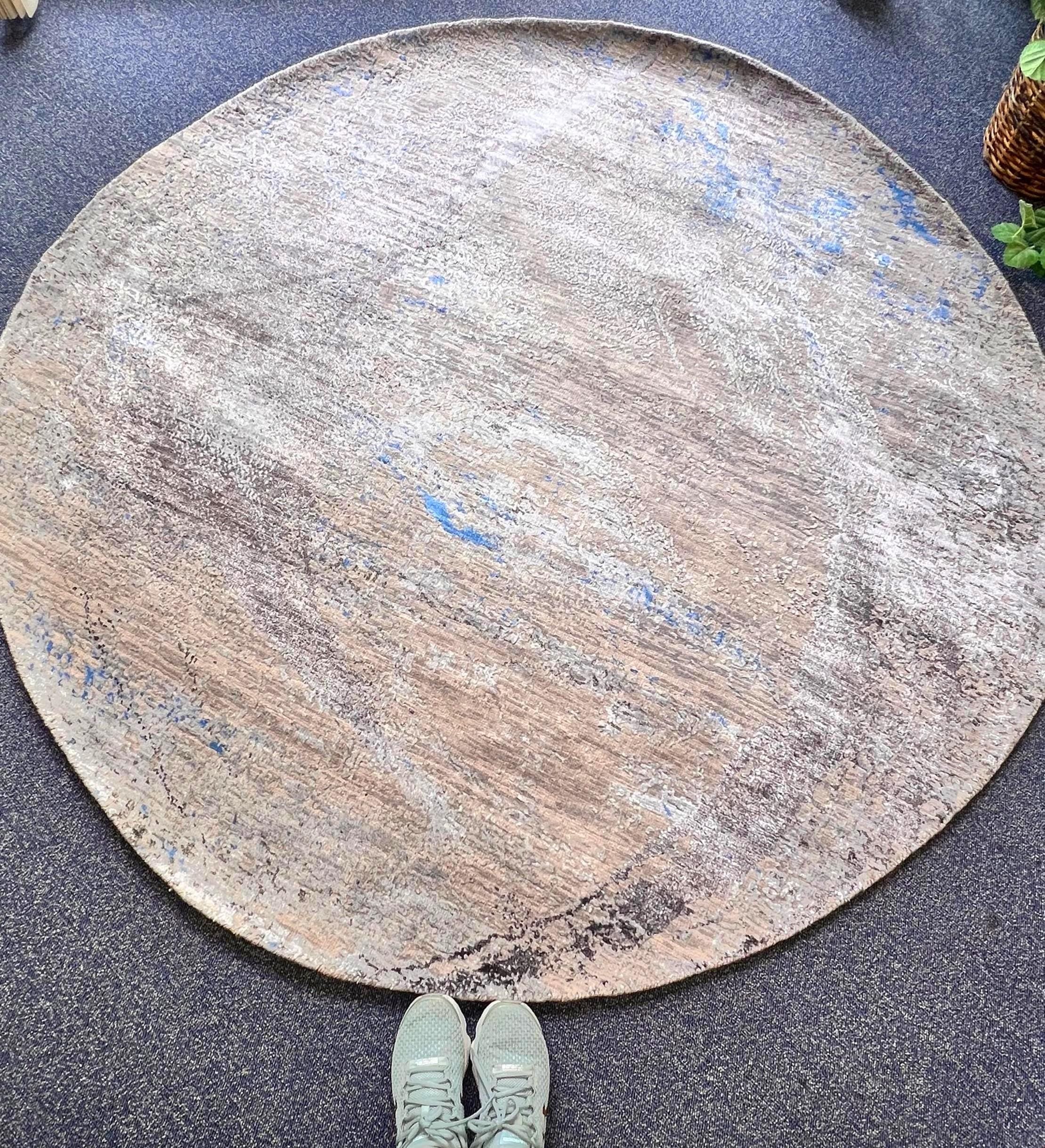 No tariff Round handmade wool bamboo silk gray beige blue hand knotted 6x6 modern rug for living room dining areaEntryway