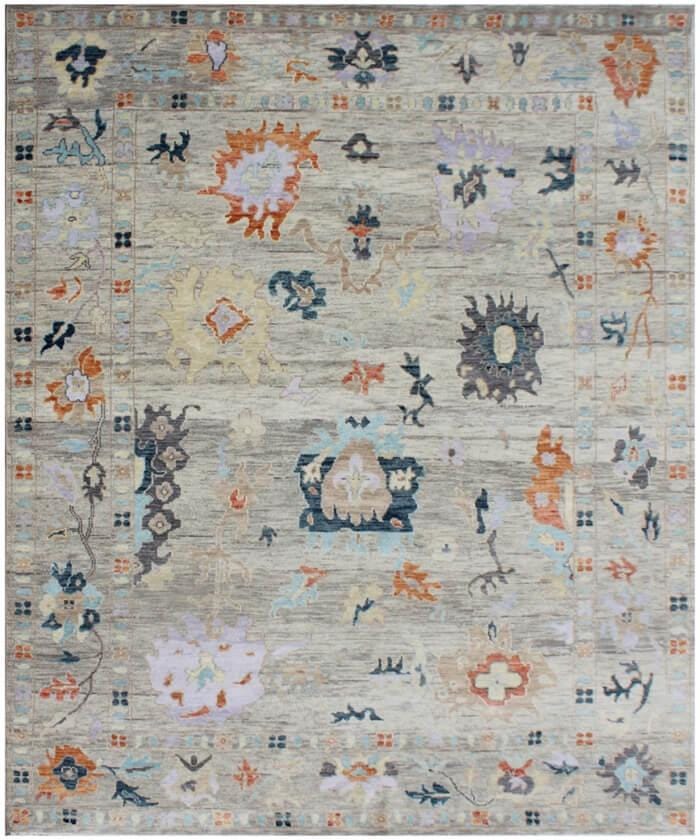 8x10 ft and 9x12 ft Hand-Knotted Silver Oushak Wool Rug – Muted Apricot, Slate & Sage