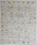 Hand Knotted Wool Rug - Muted Oushak Area Rug, Silver & Sage Green Floral Carpet, Traditional Turkish Style Rug for Living Room, Bedroom