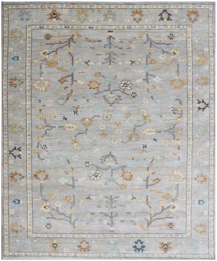 Hand Knotted Wool Rug - Muted Oushak Area Rug, Silver & Sage Green Floral Carpet, Traditional Turkish Style Rug for Living Room, Bedroom