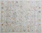 Hand Knotted Wool Rug - Muted Oushak Area Rug, Silver & Sage Green Floral Carpet, Traditional Turkish Style Rug for Living Room, Bedroom
