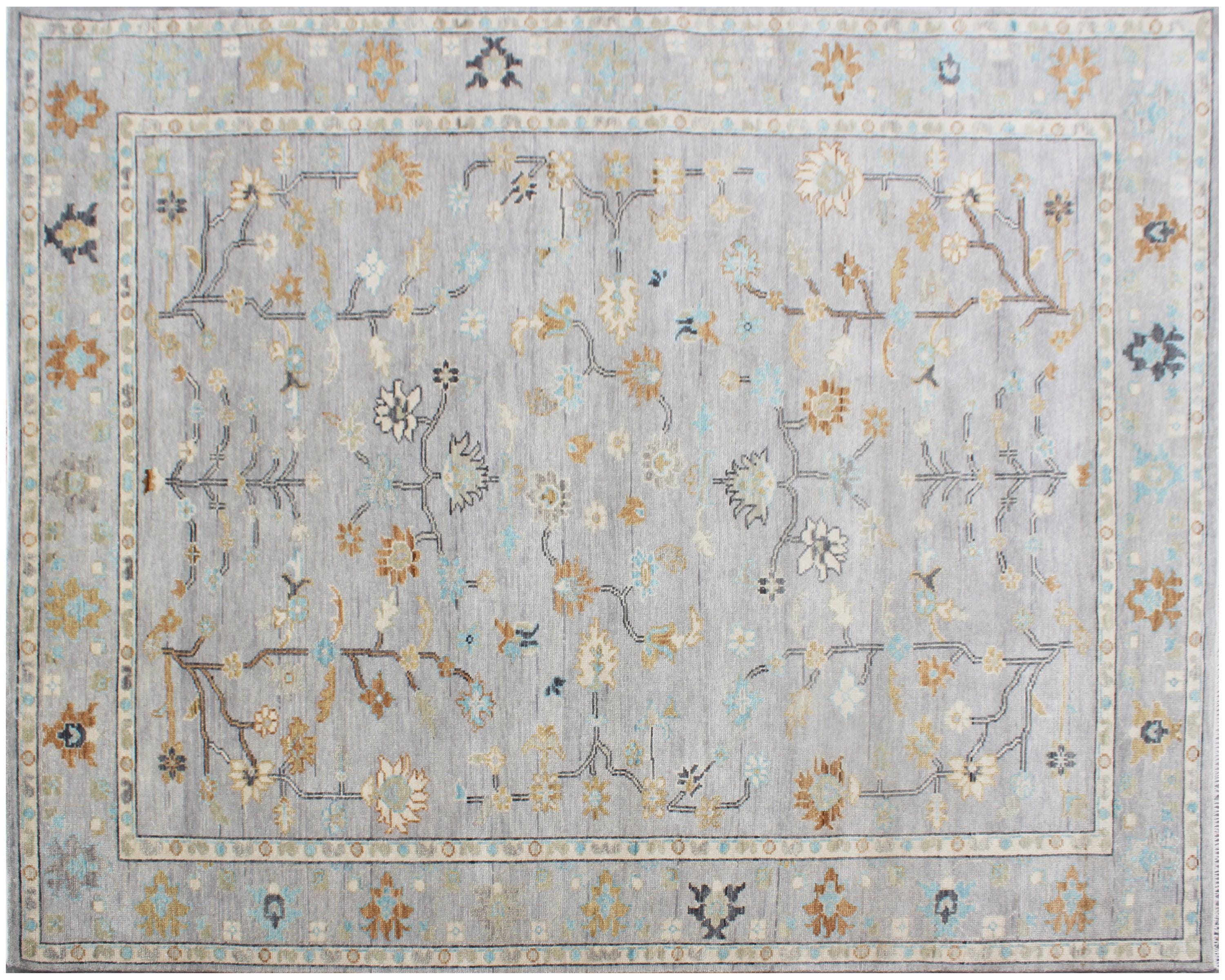 Hand Knotted Wool Rug - Muted Oushak Area Rug, Silver & Sage Green Floral Carpet, Traditional Turkish Style Rug for Living Room, Bedroom