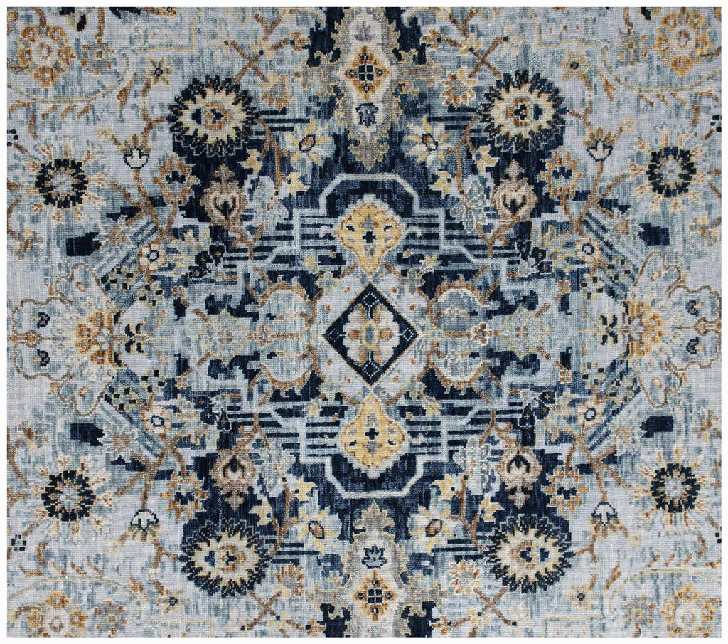 Timeless Elegance: Hand-Knotted Wool Medallion Rug in Celestial Blue & Gold