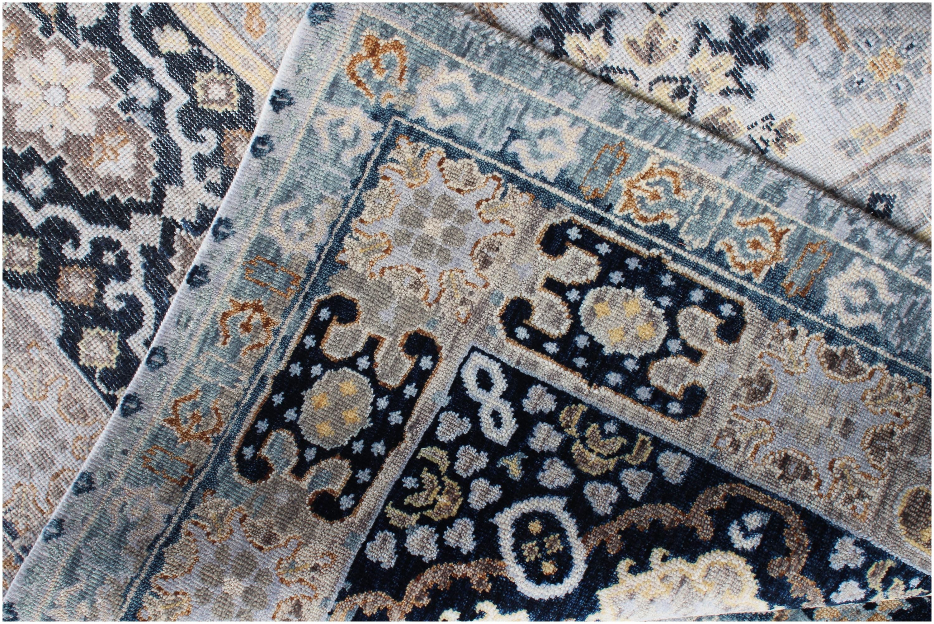 Timeless Elegance: Hand-Knotted Wool Medallion Rug in Celestial Blue & Gold