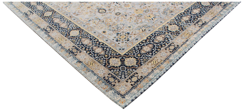10x14 Oversized Hand Knotted Wool Rug - Ivory and Navy Blue Traditional Persian Style Area Rug