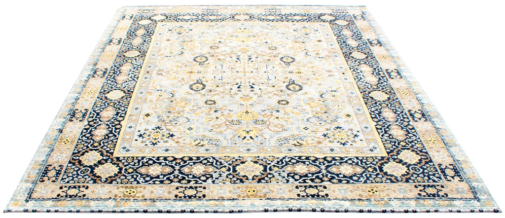 10x14 Oversized Hand Knotted Wool Rug - Ivory and Navy Blue Traditional Persian Style Area Rug