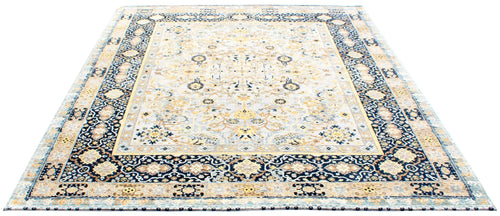 10x14 Oversized Hand Knotted Wool Rug - Ivory and Navy Blue Traditional Persian Style Area Rug