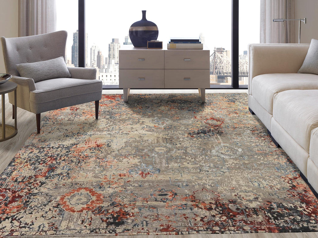 Hand knotted 12x15 Wool Rug - Distressed 8x10 Blue Red Cream Area Rug