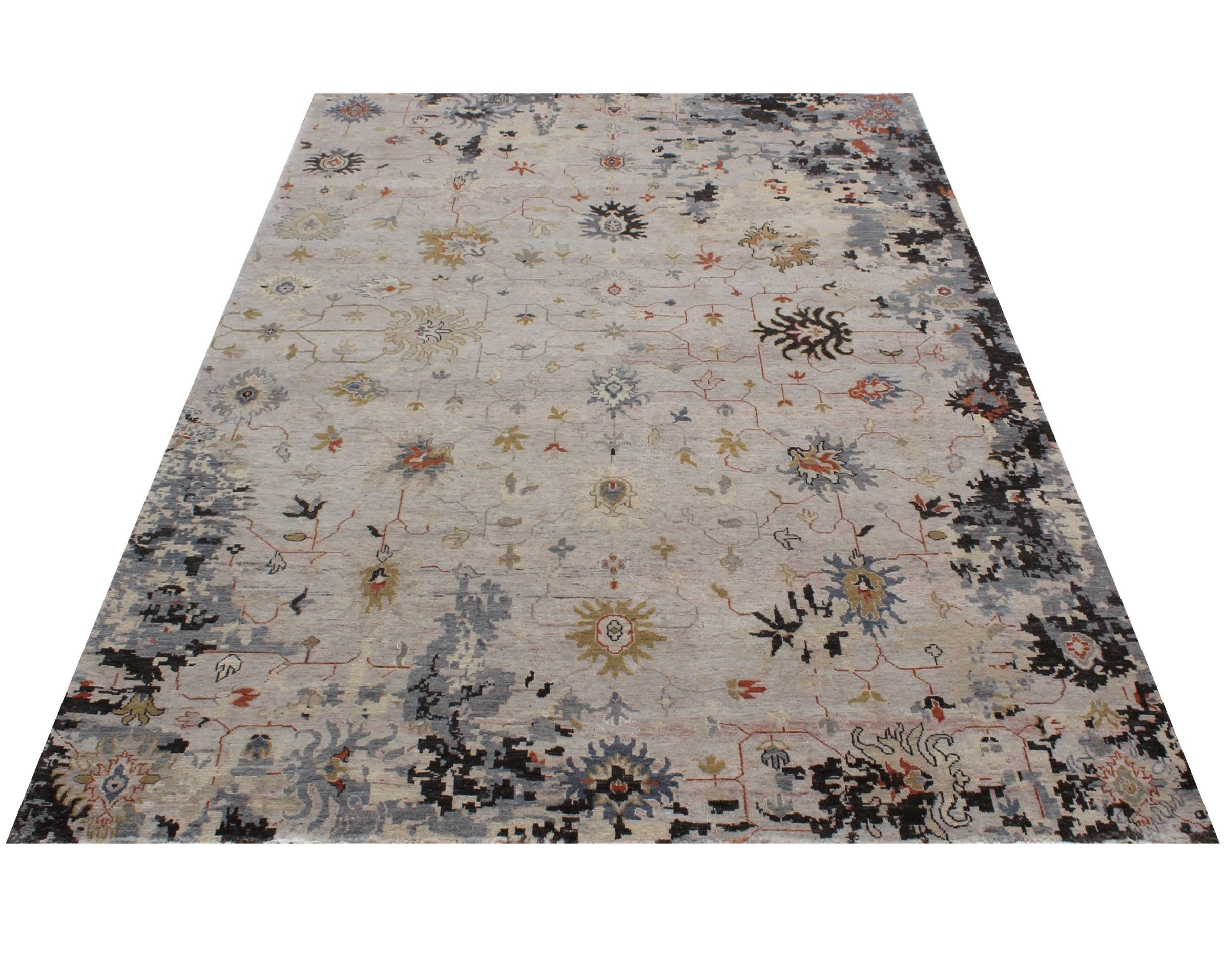 8x10 9x12 Capri Hand Knotted Wool Rug - Modern Distressed Area Rug for Living Room, Large Blue Grey Oriental Carpet, Luxury Handwoven Rug