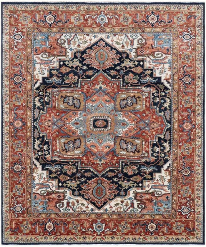 Antique Inspired Heriz Serapi Wool Rug - Hand Knotted Terracotta & Navy Area Rug