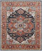 Antique Inspired Heriz Serapi Wool Rug - Hand Knotted Terracotta & Navy Area Rug